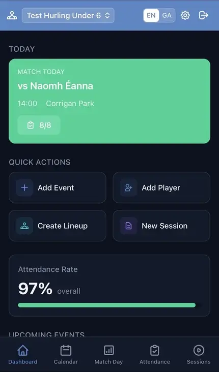 Bainisteoir dashboard showing match day card and attendance rate
